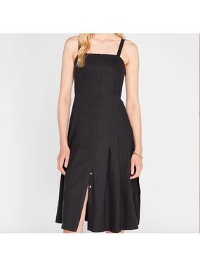 Club Monaco Linen Blend Black Square-Neck Midi Dress with Front and side Slits